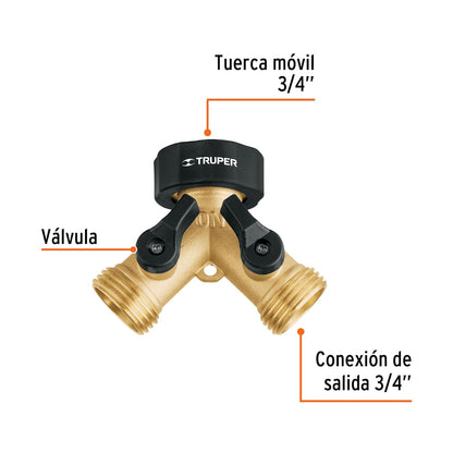 Truper AD-2X, Conector "Y" fundido en latón, válvula de cierre independiente, entrada 3/4"