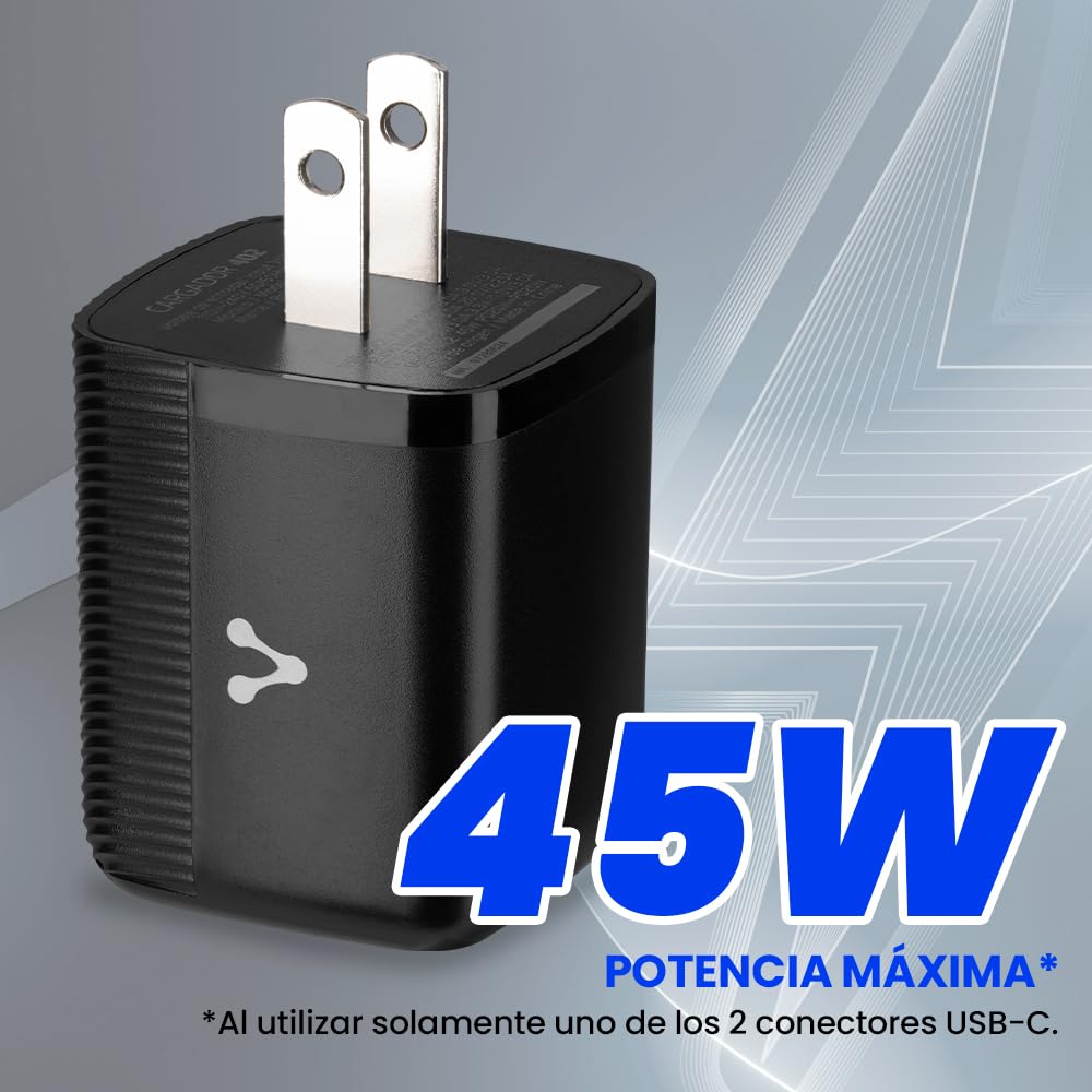 Vorago Cargador de Pared USB-C 45W GAN PD 2 Puertos Carga Rápida AU-402-BK Compacto