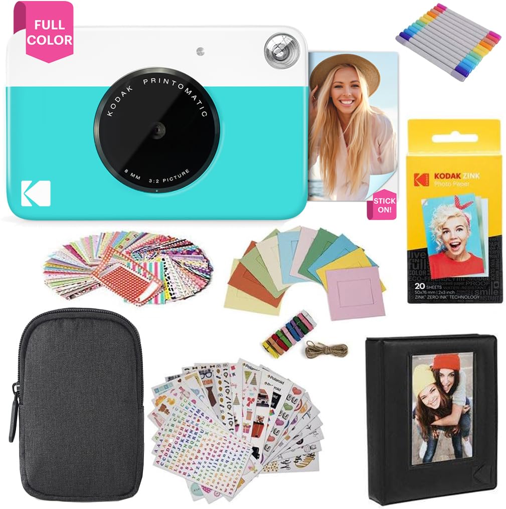 KODAK Printomatic Instant Camera (Blue) Gift Bundle + Zink Paper (20 Sheets) + Deluxe Case + 7 Fun Sticker Sets + Twin Tip Markers + Photo Album.