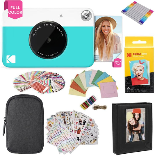 KODAK Printomatic Instant Camera (Blue) Gift Bundle + Zink Paper (20 Sheets) + Deluxe Case + 7 Fun Sticker Sets + Twin Tip Markers + Photo Album.