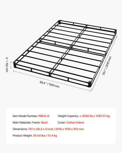 VEVOR - Somier de cama tamaño queen con tela lavable, marco de metal resistente para cama queen, base de colchón de 4 pulgadas, capacidad máxima de peso de 3500 libras, fácil montaje, 79.1 pulgadas de