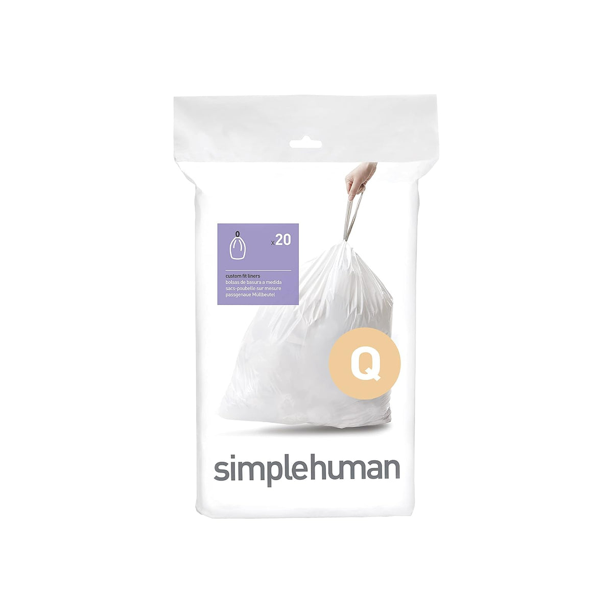 simplehuman Código K Bolsas de Basura con Cordón, Blanco, 100 pzas - Blanco - 20 Liners - Paquetes de dispensación rápida