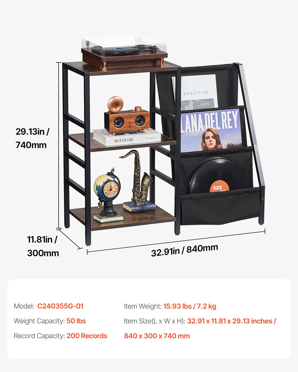 VEVOR - Soporte para Reproductor de Discos con estación de Carga y Puertos USB, Capacidad para hasta 200 álbumes, Soporte Giratorio de 3 Niveles con Almacenamiento de Discos de Vinilo, Mesa de