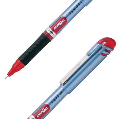 Pentel EnerGel Bolígrafo de Gel Líquido, Punta de Aguja, 0.5 mm, Cuerpo Azul Claro, Tinta Roja, Caja con 12 Piezas, BLN15-B