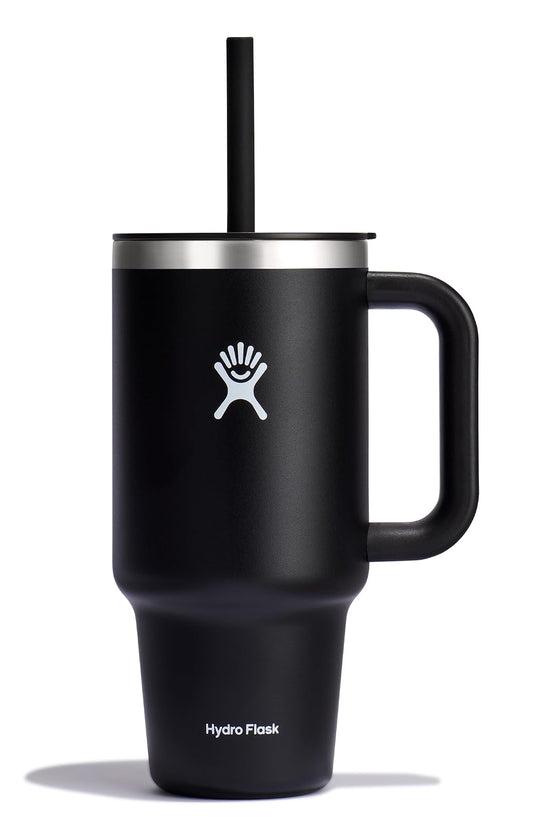 Hydro Flask - Vaso de viaje de 32 onzas con asa, tapa y popote, acero inoxidable aislado en color negro