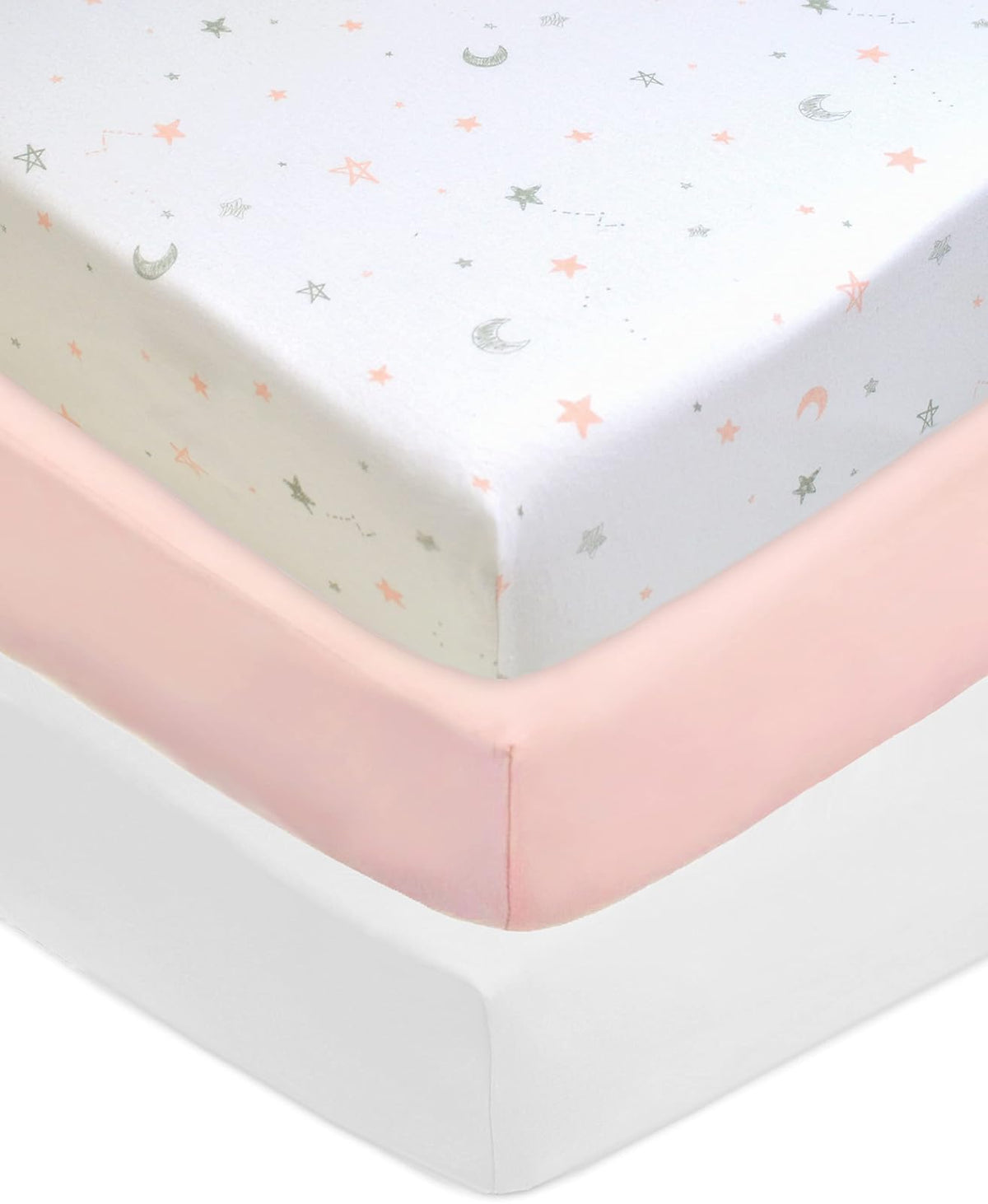 American Baby Company - Juego de 3 sábanas bajeras de algodón 100% Natural para Cuna de 52 x 28 Pulgadas, Suaves, Transpirables, hipoalergénicas y Suaves, Estrellas Rosas/Rubor, Blanco, Neutro para