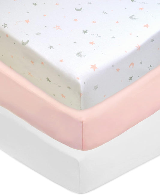 American Baby Company - Juego de 3 sábanas bajeras de algodón 100% Natural para Cuna de 52 x 28 Pulgadas, Suaves, Transpirables, hipoalergénicas y Suaves, Estrellas Rosas/Rubor, Blanco, Neutro para