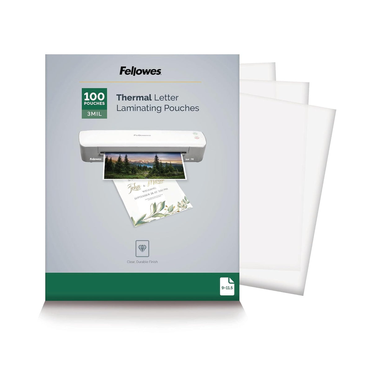 Fellowes Bolsas de laminación térmica, hojas de tamaño carta de 3 mil, 9 x 11.5, paquete de 200, transparente (5743401) - Paquete de 100