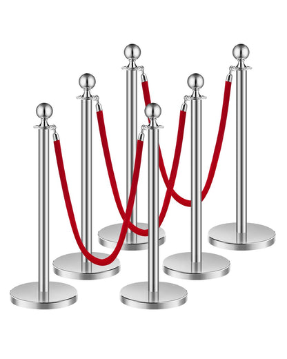 VEVOR 6 PCS Poste de Estaca de Acero Inoxidable de 1,5 m con Base Hueca de Inyección de Arena y 3 Cuerdas de Terciopelo Rojo, Barreras de Control de Multitudes para Teatro, Fiesta, Boda, Plateado