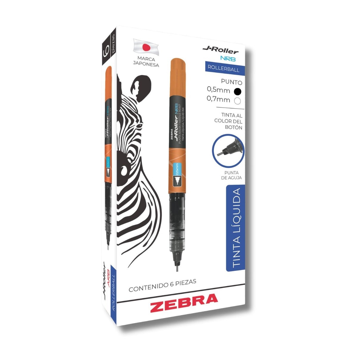 Zebra Bolígrafo J-Roller Tinta Líquida Punta 0.5 mm Caja 6 Piezas - Negro