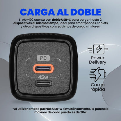 Vorago Cargador de Pared USB-C 45W GAN PD 2 Puertos Carga Rápida AU-402-BK Compacto