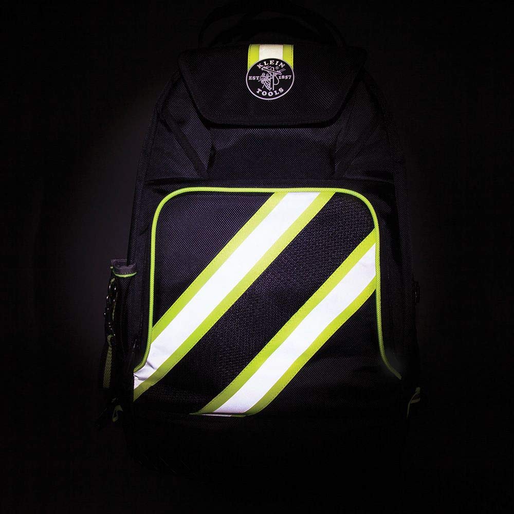 Klein Tools 55597 Mochila para bolsa de herramientas, organizador de herramientas Tradesman Pro con 39 bolsillos, reflectante de alta visibilidad, correas acolchadas para el hombro, base moldeada