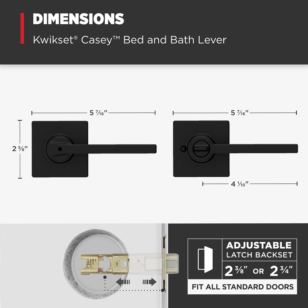 Kwikset Casey - Manija de puerta interior de privacidad con cerradura, palanca de puerta para baño y recámara, cerradura reversible sin llave, color negro mate, con protección Microban