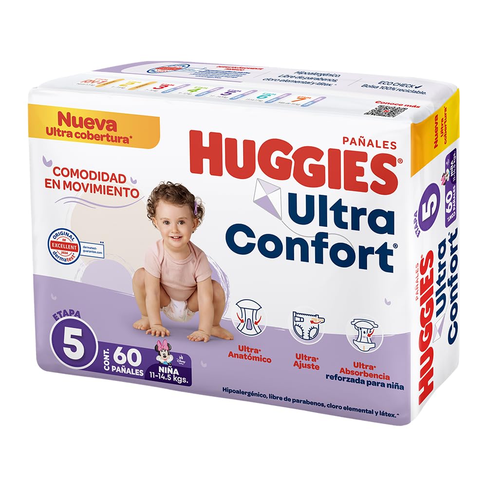 HUGGIES UltraConfort Pañal Desechable para Bebé, Etapa 5 Niña, Paquete con 180 Piezas, Ideal para niñas de 11 a 14.5kg