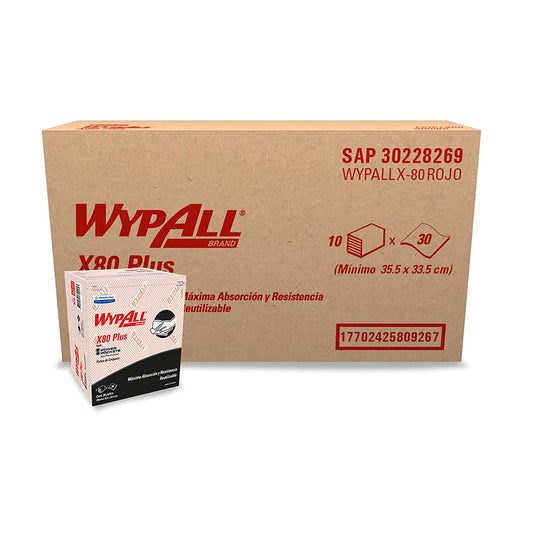 Kimberly-Clark Professional, Wypall X80 Plus color rojo, 30 wipers por paquete, 10 paquetes por corrugado, wiper con grabado
