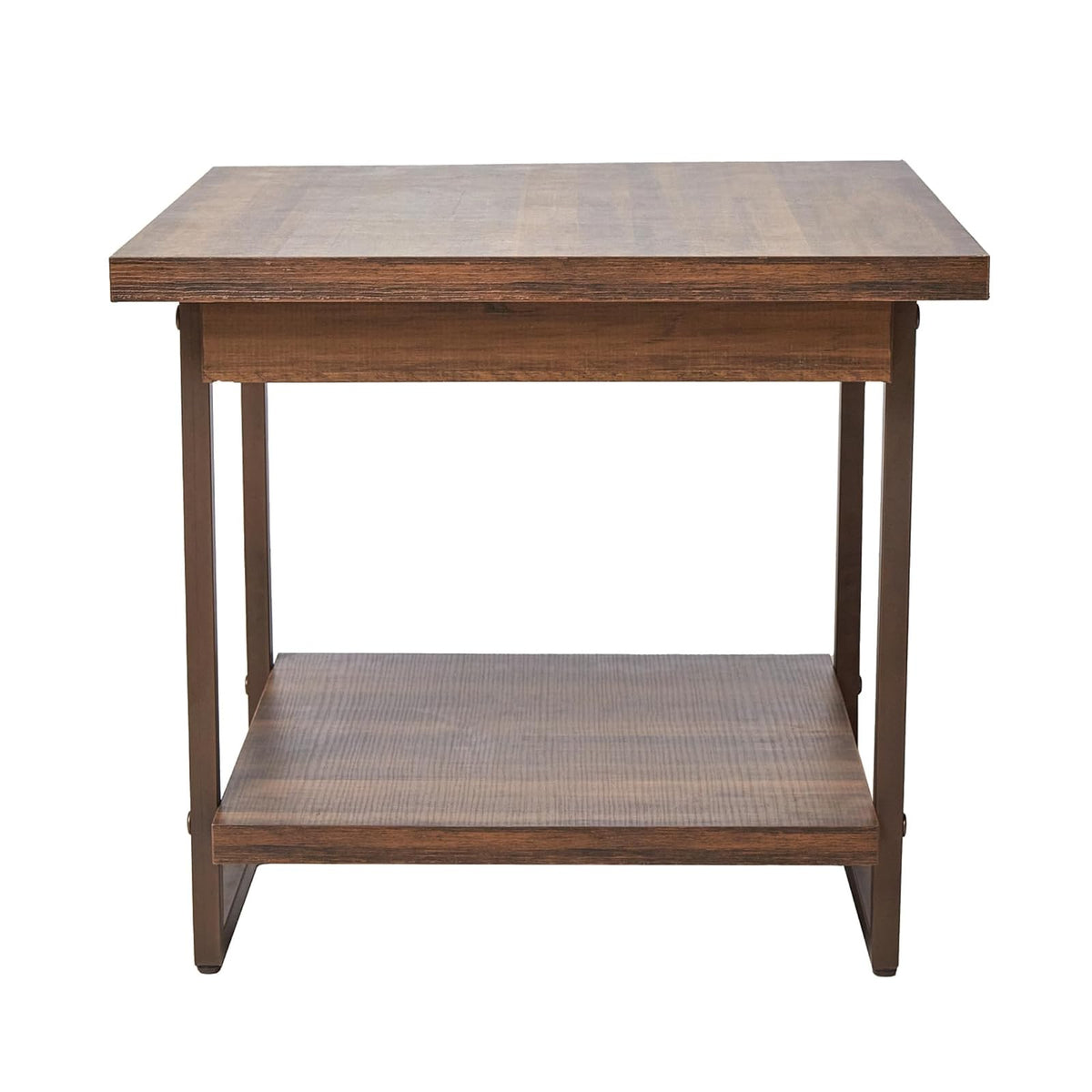 Mesa Lateral Auxiliar Color Nogal con 1 Entrepaño, Base de Metal y Tableros de Madera Industrial