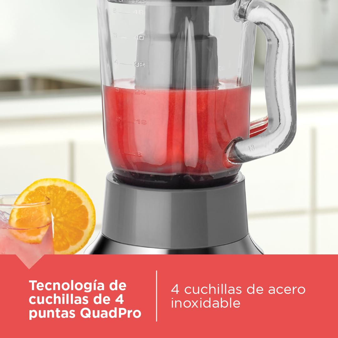 Black+Decker Licuadora con Filtro Infusor de Jugos 3 en 1, 3 Funciones Automáticas, Jarra de Vidrio 1.5L, 900 Watts, Incluye Vaso Personal de Tritán, BL1350G