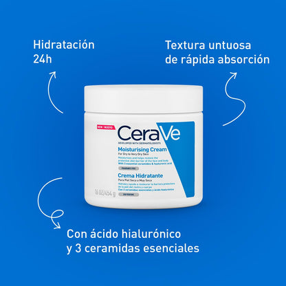 CeraVe Crema Hidratante Facial y Corporal para Piel Seca 454g | Restaura la Barrera de la Piel e Hidrata por 48 hrs, con Ceramidas Esenciales y Ácido Hialurónico