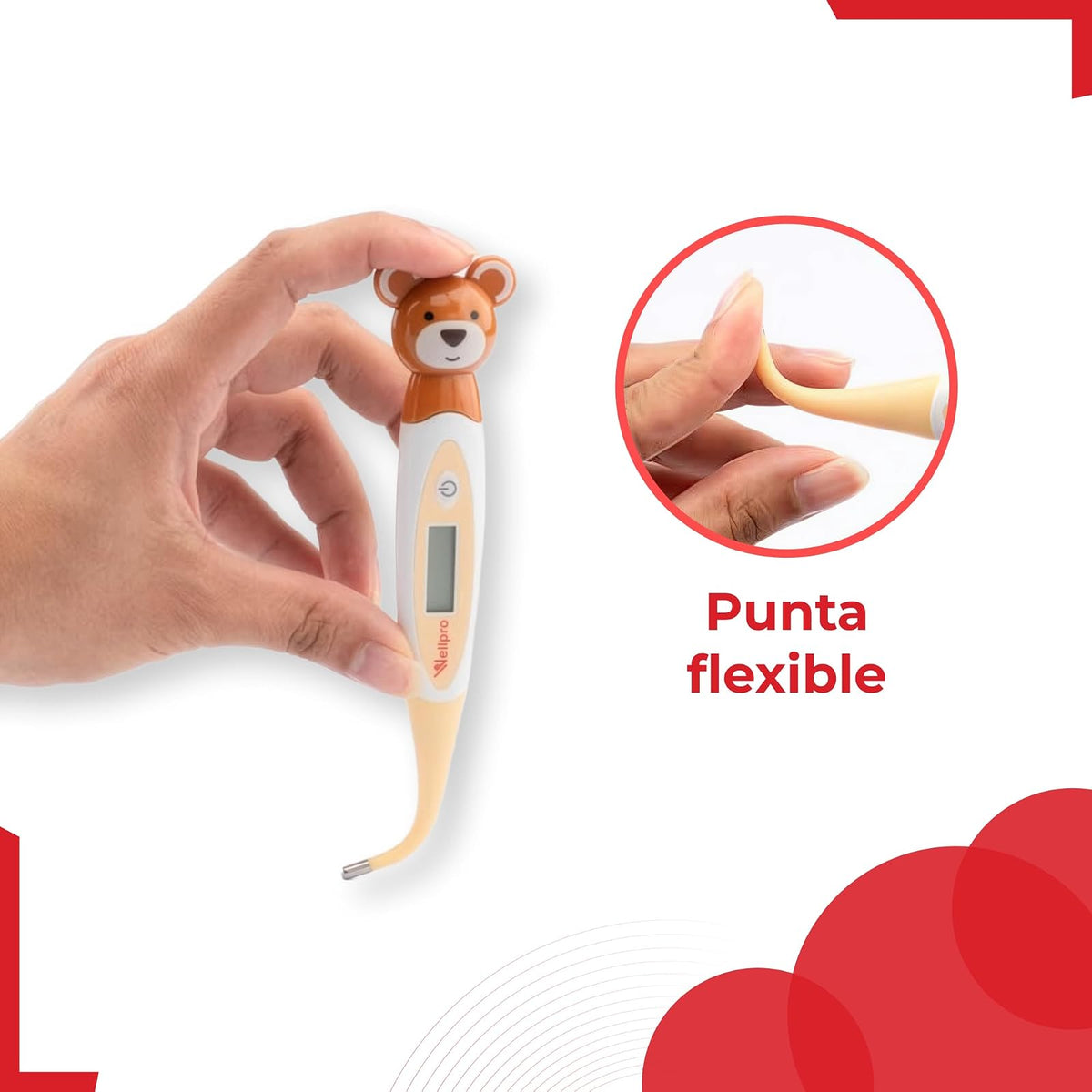 Wellpro Termómetro Pediátrico Digital Diseño de Osito, Anatómico creado especialmente para Bebés y Niños, Lectura Rápida en 30 Segundos, Diseño práctico