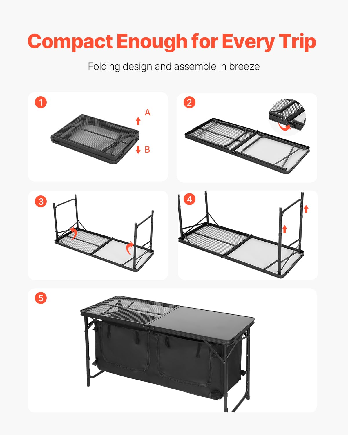 VEVOR Mesa de Cocina Plegable Portátil para Acampar, 3 Alturas Ajustables, de Aluminio, con Organizador de Almacenamiento, Asa de Transporte, para Barbacoa, Fiesta, Pícnic, Viajes en RV, Negro