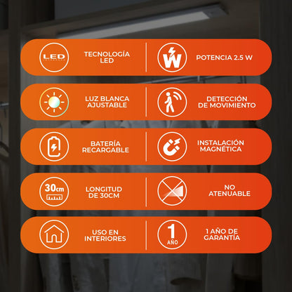 Tecnolite - Lámpara Regleta LED 2.5 W Magnética Recargable 50 cm, Luz Blanca Ajustable, Sensor de Movimiento, Atenuable
