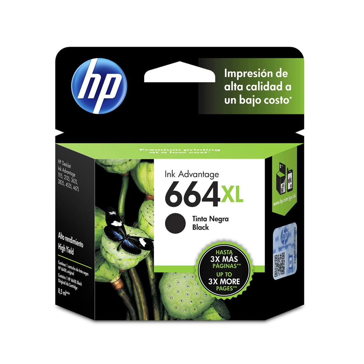 HP Cartucho de Tinta 664XL Negro Original, Compatibilidad con Impresoras Deskjet 4535, 4675, 3835, 1115, 2135, 3635, 2675, 3775, 3785, 3787, 3789, Rendimiento hasta 480 páginas (F6V31AL)