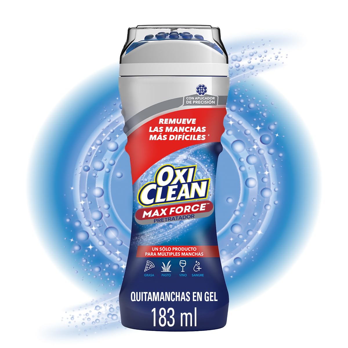 OxiClean Quitamanchas en Gel Max Force 183 ml. Remueve las Manchas más Difíciles: Grasa, Pasto, Vino y Sangre con un Solo Producto. Con Aplicador de Precisión. Seguro para Ropa Blanca y de Color