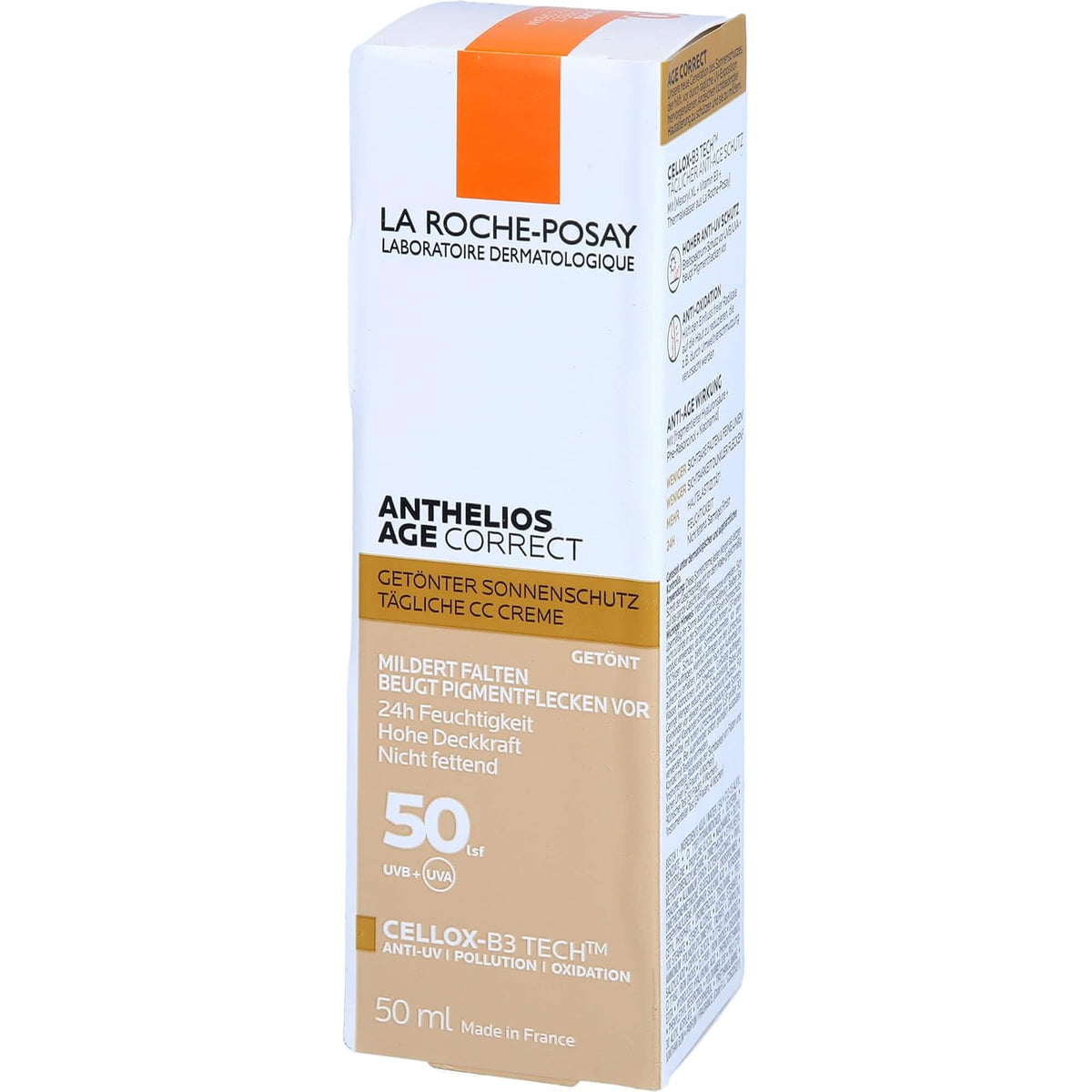 La Roche-Posay Anthelios AgeCorrect Protector Solar Antiedad Color 50ml | Reduce Arrugas, Corrige Manchas, Unifica el Tono, con Ácido Hialurónico y Niacinamida