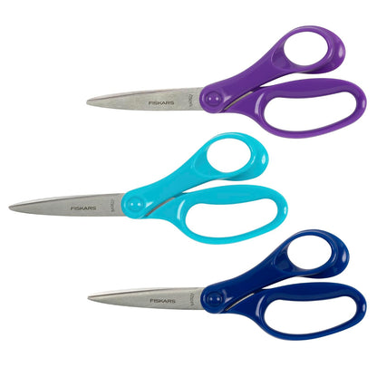Fiskars - Tijeras para estudiantes de 7 pulgadas para niños de 12 a 14 años (paquete de 3), tijeras para la escuela o manualidades, suministros de regreso a la escuela, morado, azul y turquesa