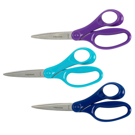 Fiskars - Tijeras para estudiantes de 7 pulgadas para niños de 12 a 14 años (paquete de 3), tijeras para la escuela o manualidades, suministros de regreso a la escuela, morado, azul y turquesa