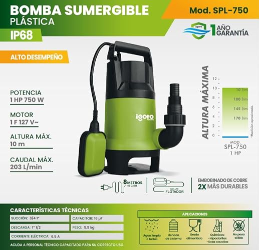 Igoto Pump SPL750 Bomba Sumergible de Plástico , 1 HP.
