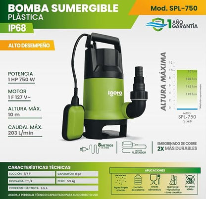 Igoto Pump SPL750 Bomba Sumergible de Plástico , 1 HP.