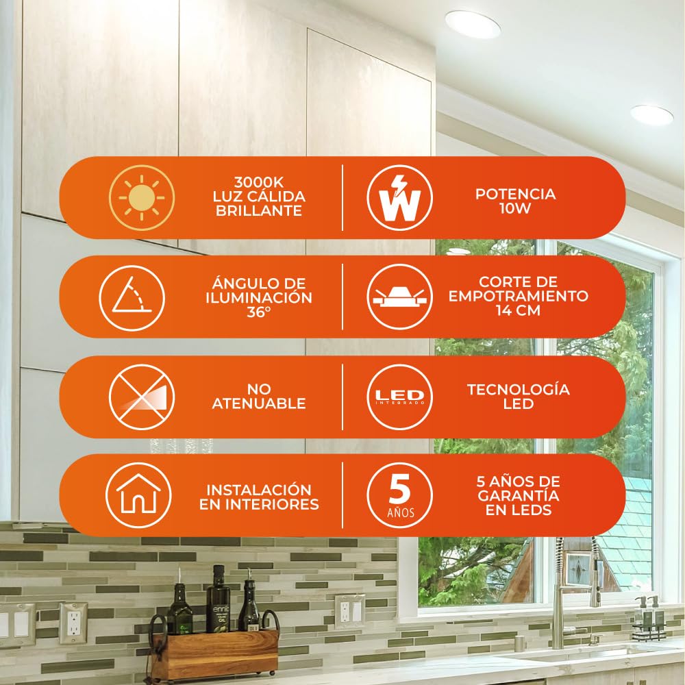Tecnolite - Lámpara Empotrable de Techo Downlight LED 10 W, Luz Cálida Brillante, No atenuable, Multivoltaje