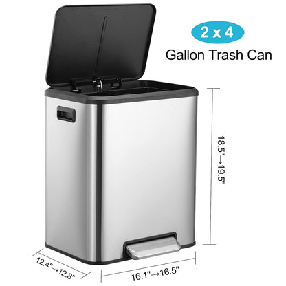 MOVECOM - Bote de basura doble de 2 x 4 galones (30 litros) y cubeta de reciclaje, bote de acero inoxidable con tapa de cierre suave, cubos interiores extraíbles, cubeta de basura para la oficina en