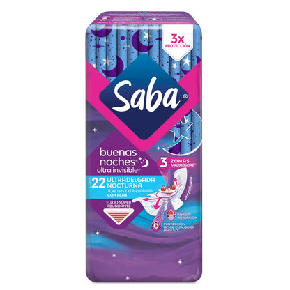 Saba Ultra Invisible Buenas Noches, Toallas Nocturnas Con Alas, 22 Pzs + 30 Piezas, Grande, Pack De
