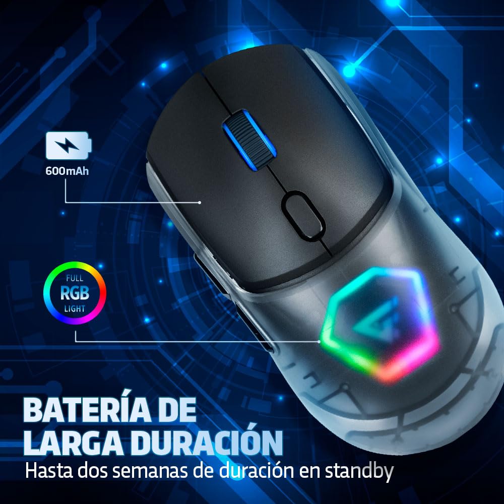 GAME FACTOR MOW700-BK Mouse Inalámbrico Gaming, Multiconectividad 2.4GHz y Bluetooth, Sensor Pixart 3395, 26,000 dpi, RGB, Carcasas Intercambiables, Batería Recargable, Compatible con PC y Laptops