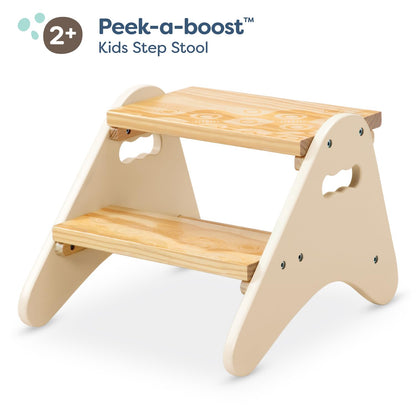 B. toys Peek-A-Boost, Taburete Infantil Marfil de Madera, 2 peldaños | Con asas recortadas, 2 peldaños anchos con textura y llave hexagonal incluida; para baño, cocina o dormitorio; 2 años y +