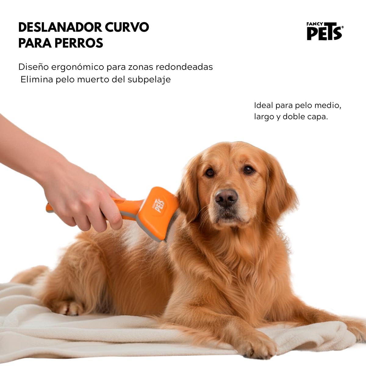 Fancy Pets Deslanador Curvo para Perros Med, Cuchilla Metálica Fina, Ergonómico para Pelo Medio y Largo, Eliminación Suave de Pelo Muerto y Prevención de Nudos, 15.5 cm