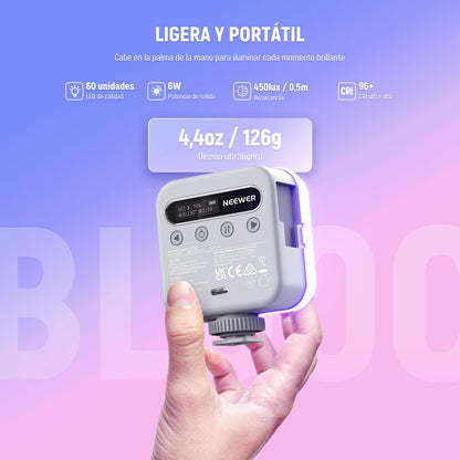 NEEWER Básico Luz Vídeo RGB Magnética Mini Luz Cámara 360° Todo Color CRI96+ 2500-9000K 18 Escenas 3 Zapatos Fría y 1/4" 2000mAh Portátil Recargable para Selfie/Trípode Fotografía Iluminación, BL60C