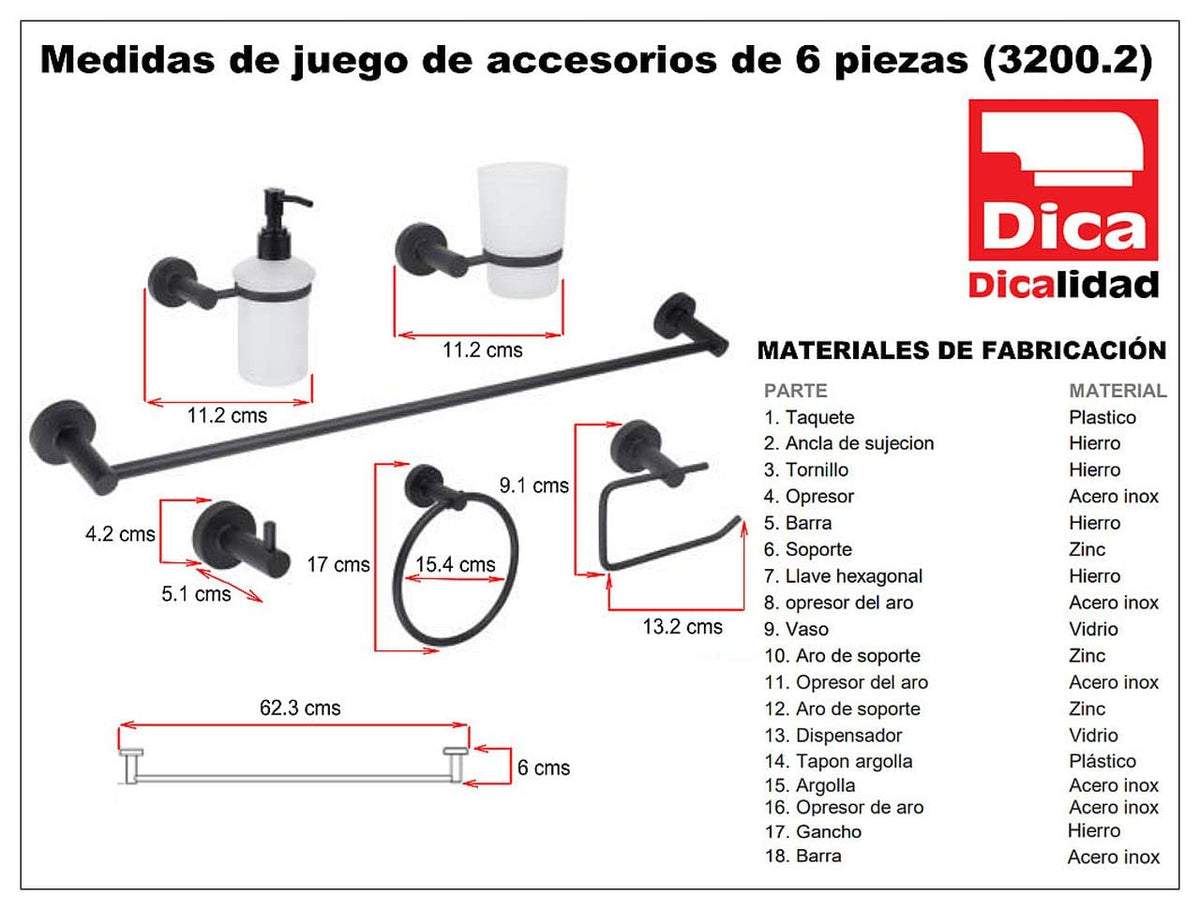 DICA 3200.2 Juego Completo de Accesorios de 6 Piezas para baño, Acabado Negro Mate