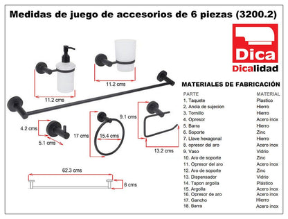 DICA 3200.2 Juego Completo de Accesorios de 6 Piezas para baño, Acabado Negro Mate
