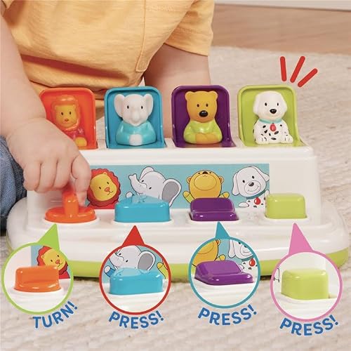 Battat Pop-Up Pals - Juguete Causa-Efecto con Animales | Botones para pulsar, girar, voltear y deslizar; 4 animales desplegables, colores y asa de transporte; 18 meses y +