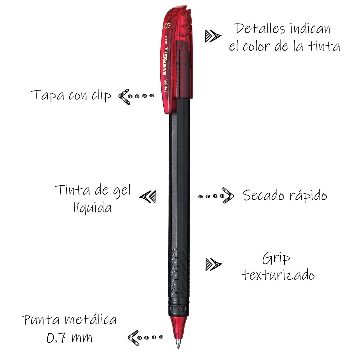 Bolígrafo de Tinta Gel EnerGel Stick con tapa Tinta colores mixtos Blíster con 8 piezas BL417BP8-M