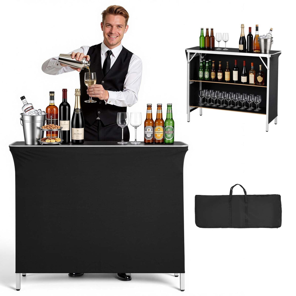 VEVOR Mesa de Bar Portátil 1100 x 390 x 880 mm, Barra de Fiesta Plegable, con Soportes Laterales Falda Estante de Almacenamiento Bolsa de Transporte, Estación de Bar Exterior para Feria Eventos Fiesta