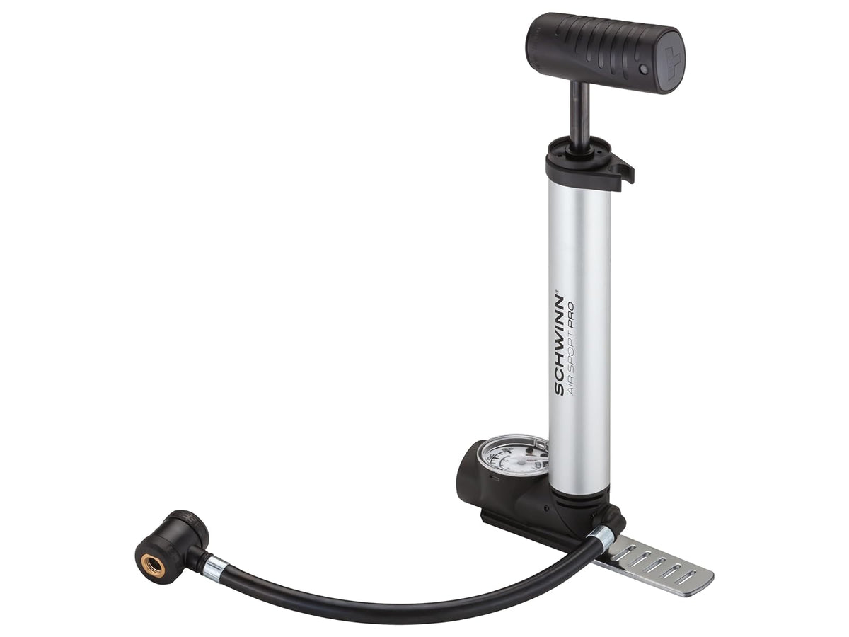 Schwinn Air Center Plus - Bomba de Suelo para Bicicletas con medidor para válvulas Schrader y Presta (Color Naranja, Azul Marino) - Bomba de piso y marco con medidor - plateado