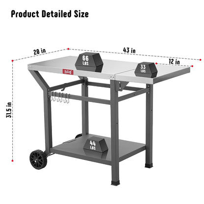Feasto Mesa de Parrilla para Exteriores, Mesa de Horno de Pizza móvil de 40 x 20 Pulgadas con Ruedas, Carrito de Parrilla de Acero Inoxidable con Estante de Almacenamiento y extensión Plegable, 6