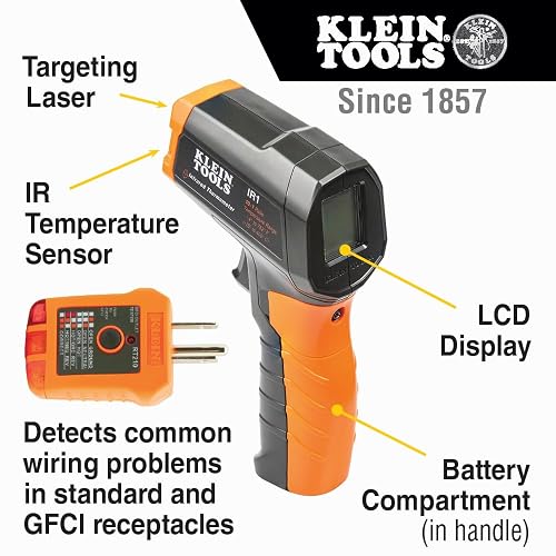 Klein Tools IR1KIT Termómetro infrarrojo y kit de probador de receptáculos GFCI, medición digital de temperatura sin contacto y probador eléctrico
