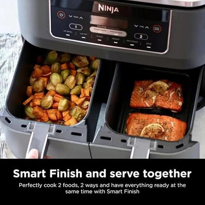 Ninja Foodi Freidora de Aire DualZone 8QT 6 en 1 Gris DZ201 | 2 Cestas Independientes al Mismo Tiempo | Smart Finish Sincroniza Listo | 6 Funciones | 8QT
