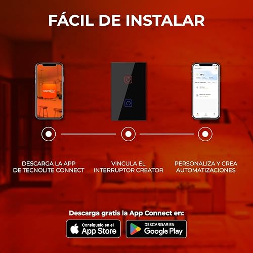 Tecnolite Connect - Apagador Inteligente Táctil WiFi 2 Circuitos, Requiere Cable Neutro, Compatible con App móvil, Alexa, Google y Siri, Interruptor Inteligente