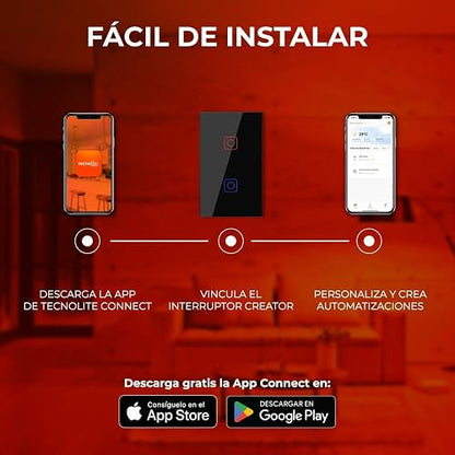 Tecnolite Connect - Apagador Inteligente Táctil WiFi 2 Circuitos, Requiere Cable Neutro, Compatible con App móvil, Alexa, Google y Siri, Interruptor Inteligente